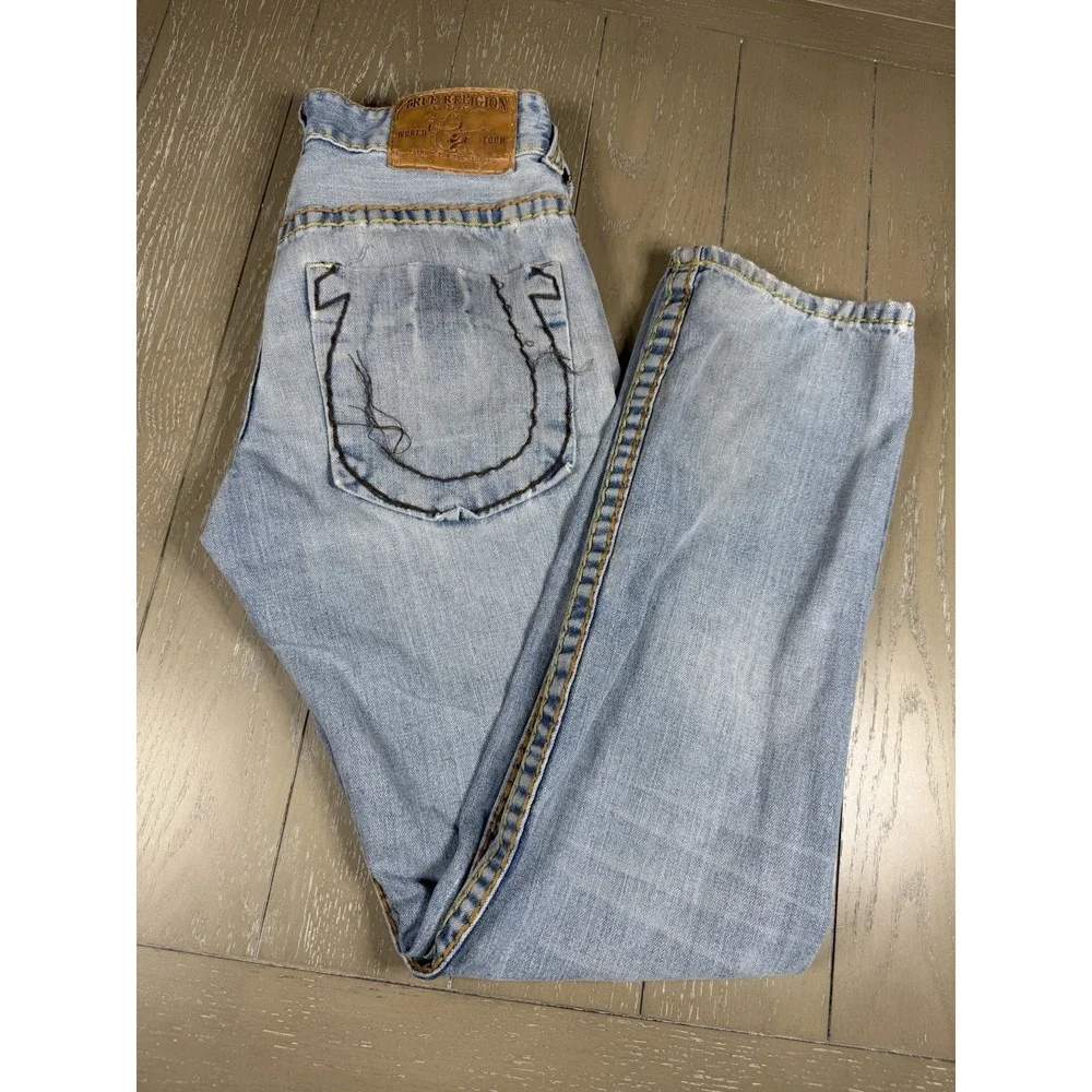 True Religion Jeans Mens 32‎ Light Wash Blue Limited Edition Big T Straight Leg